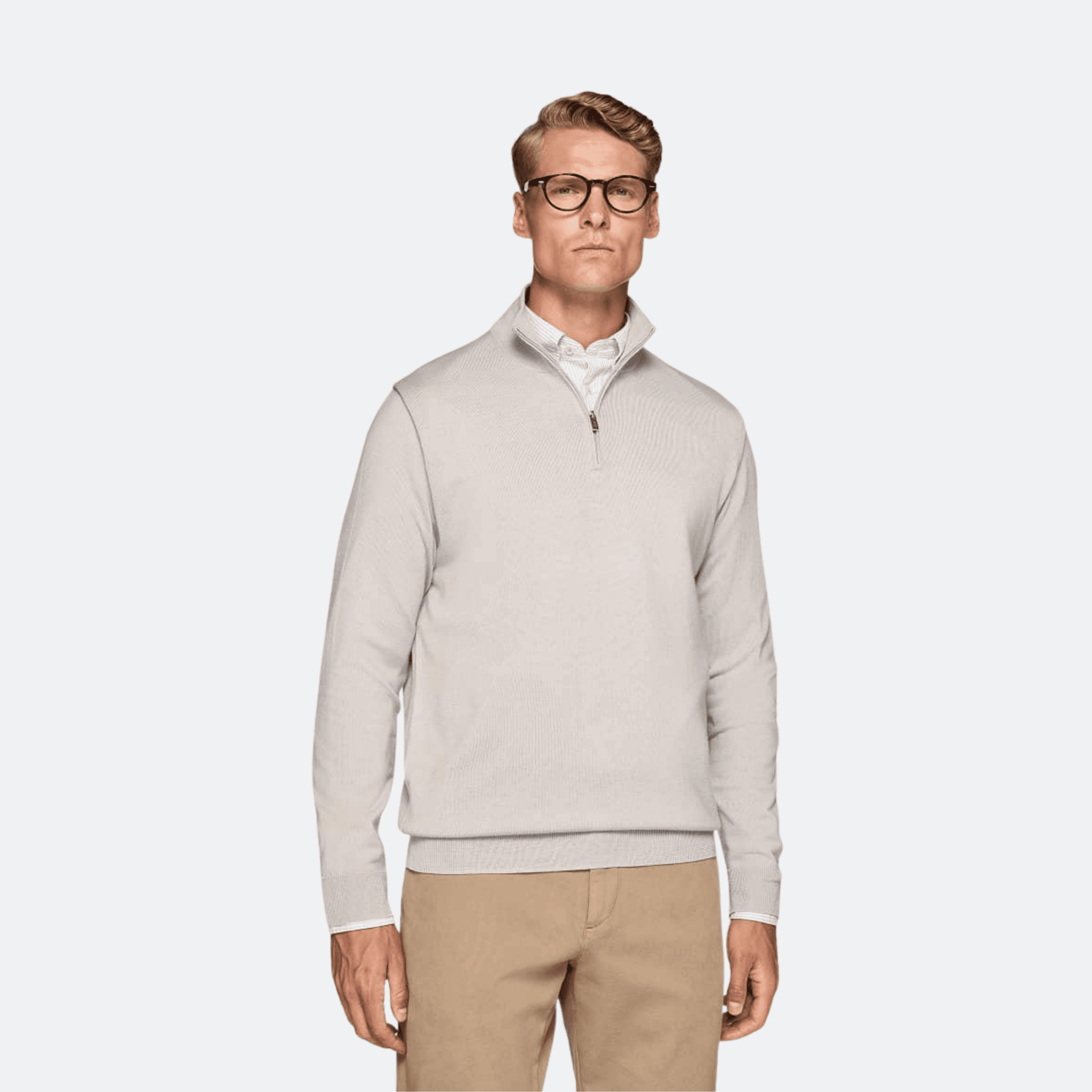 Boggi Milano Merino Wool Half Zip Jumper With Mock Neck And Half Zip - Taupe
