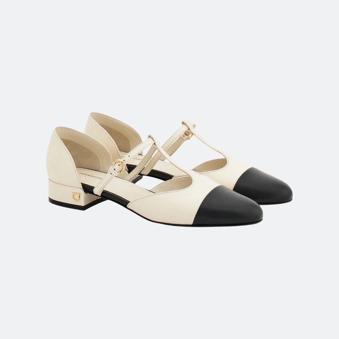 Ferragamo Lainette White - Black Leather Ballette Shoes alternate