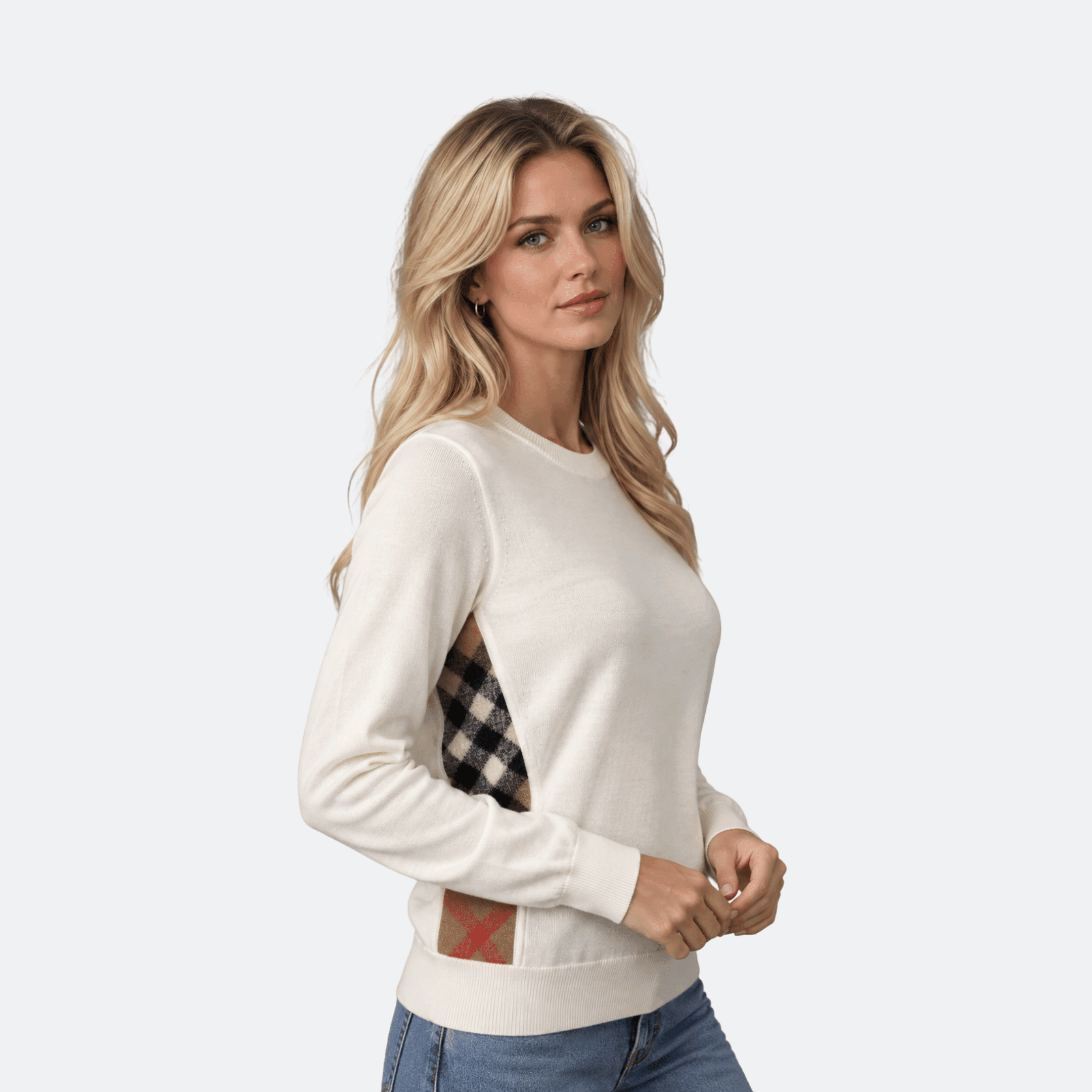 Burberry Check Panel Crew Neck Sweater With Side Inserts - Ivory White