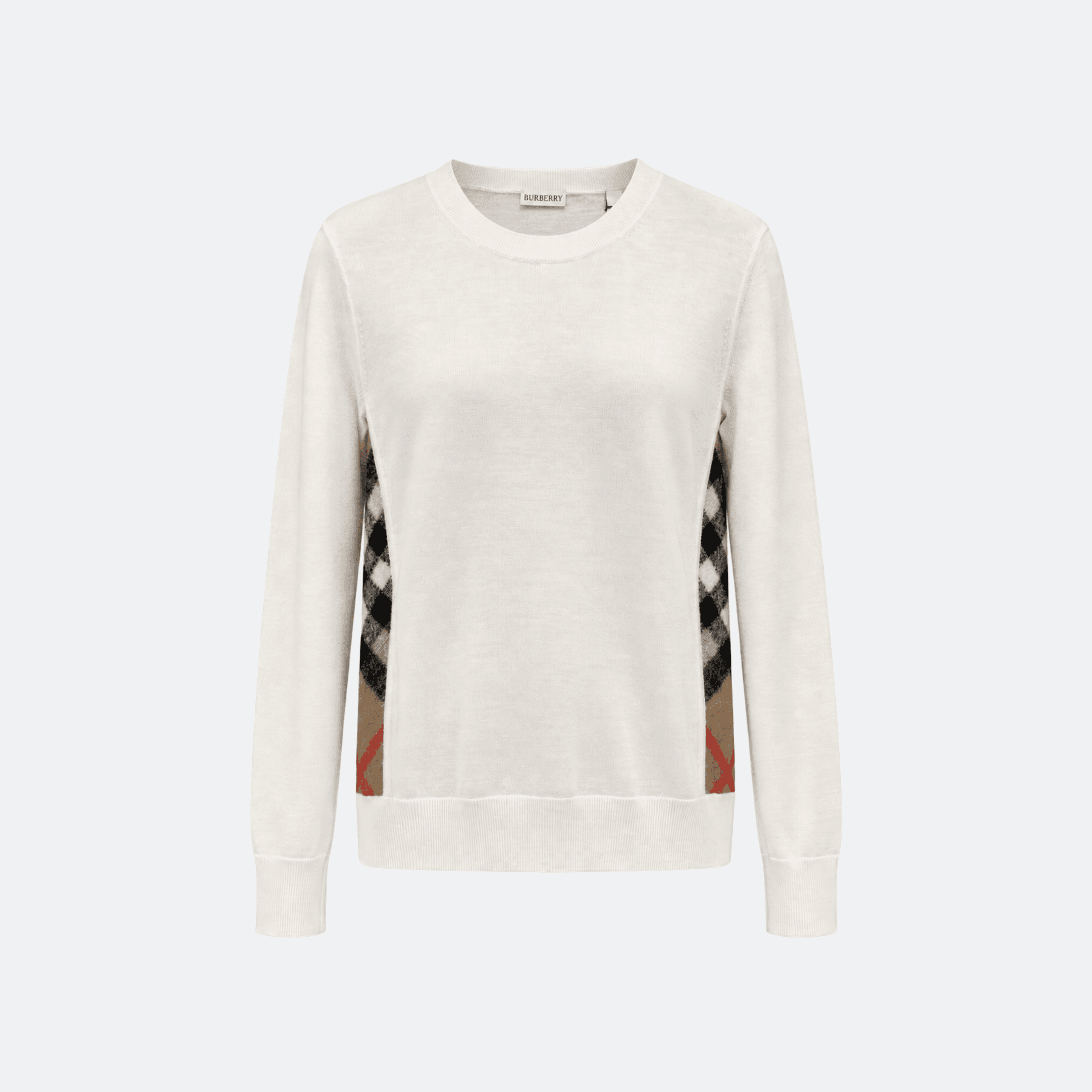 Burberry Check Panel Crew Neck Sweater With Side Inserts - Ivory White alternate