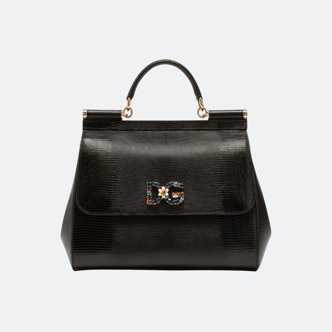 Dolce & Gabbana Sicily Iguana Print Black Leather Big Hand/Shoulder Bag