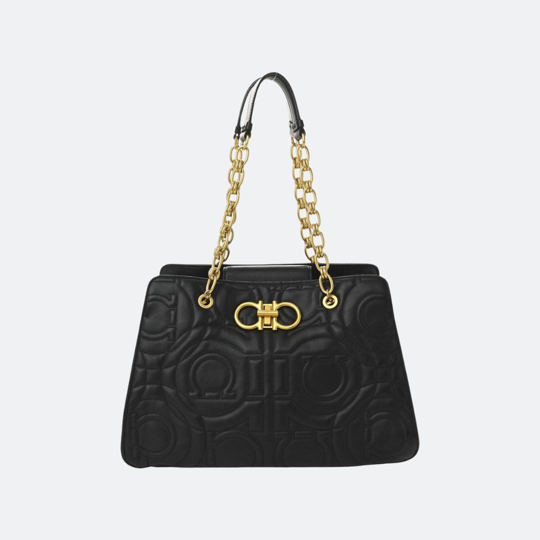Ferragamo Quilted Gancini Black Leather Shoulder/Hand Bag