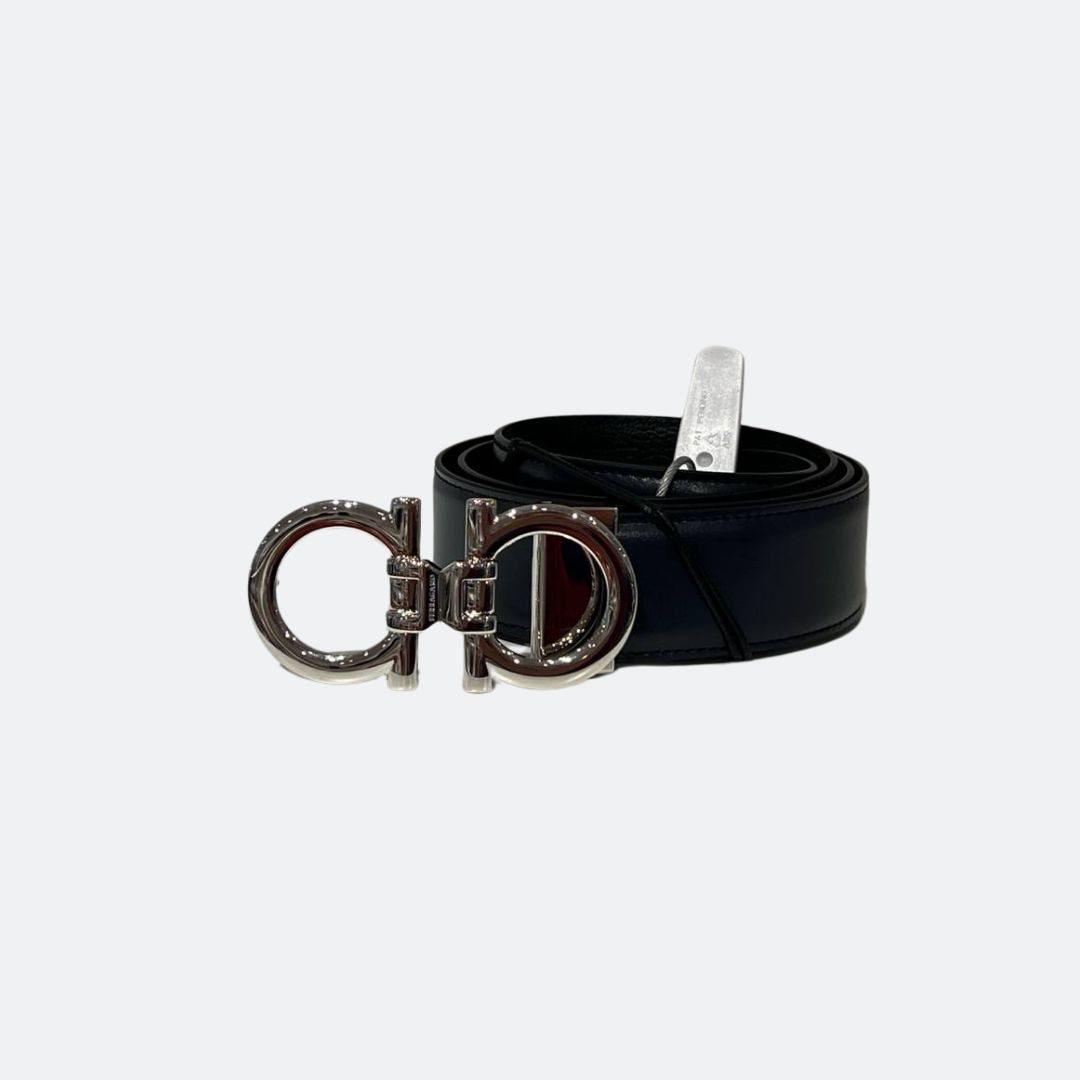 Ferragamo Reversible Black/Navy Belt With Silver Belt Buckle