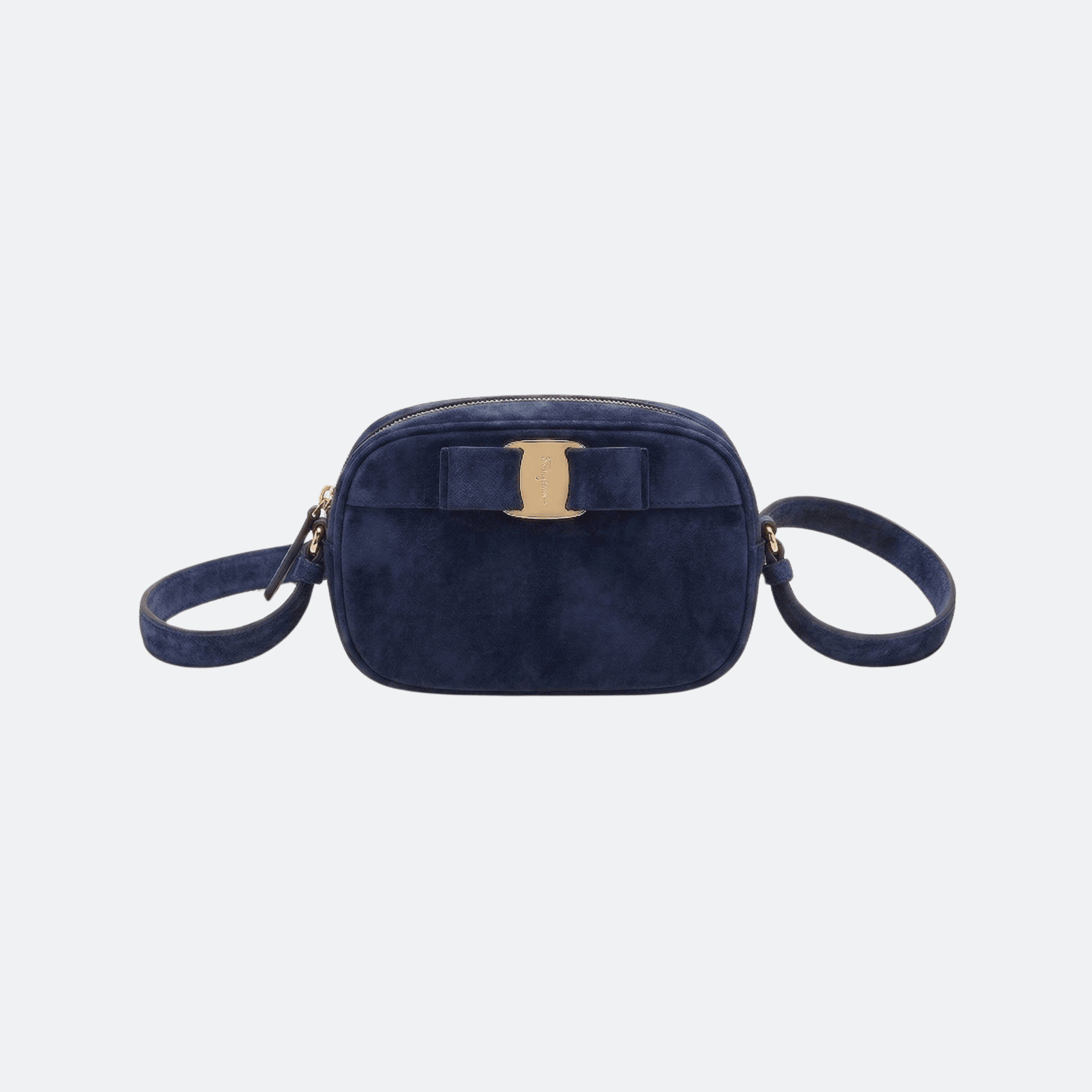 Ferragamo Vara Bow Suede Camera Bag – Navy Blue