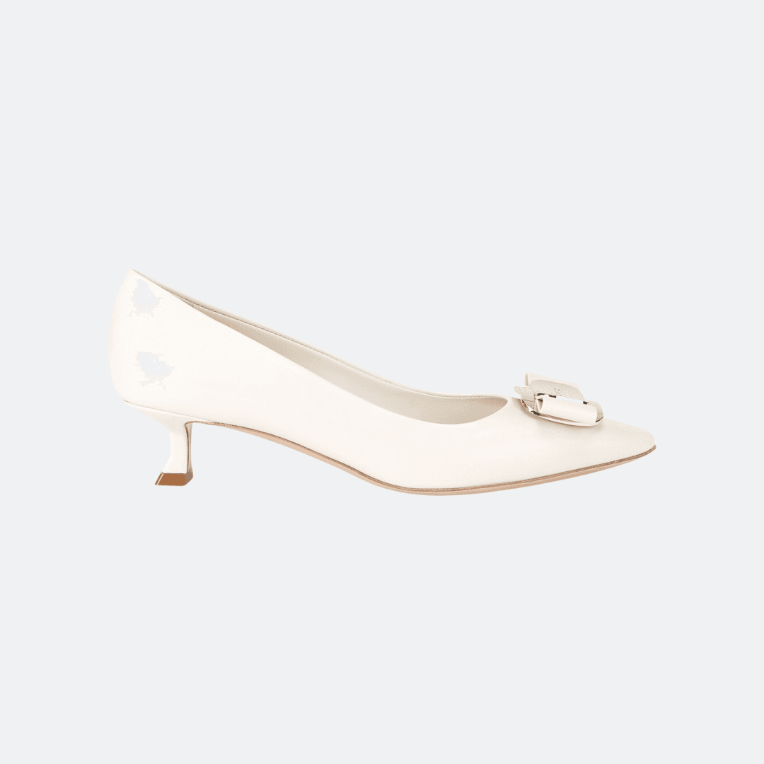 Ferragamo Zelma White Leather Low Heeled Pumps