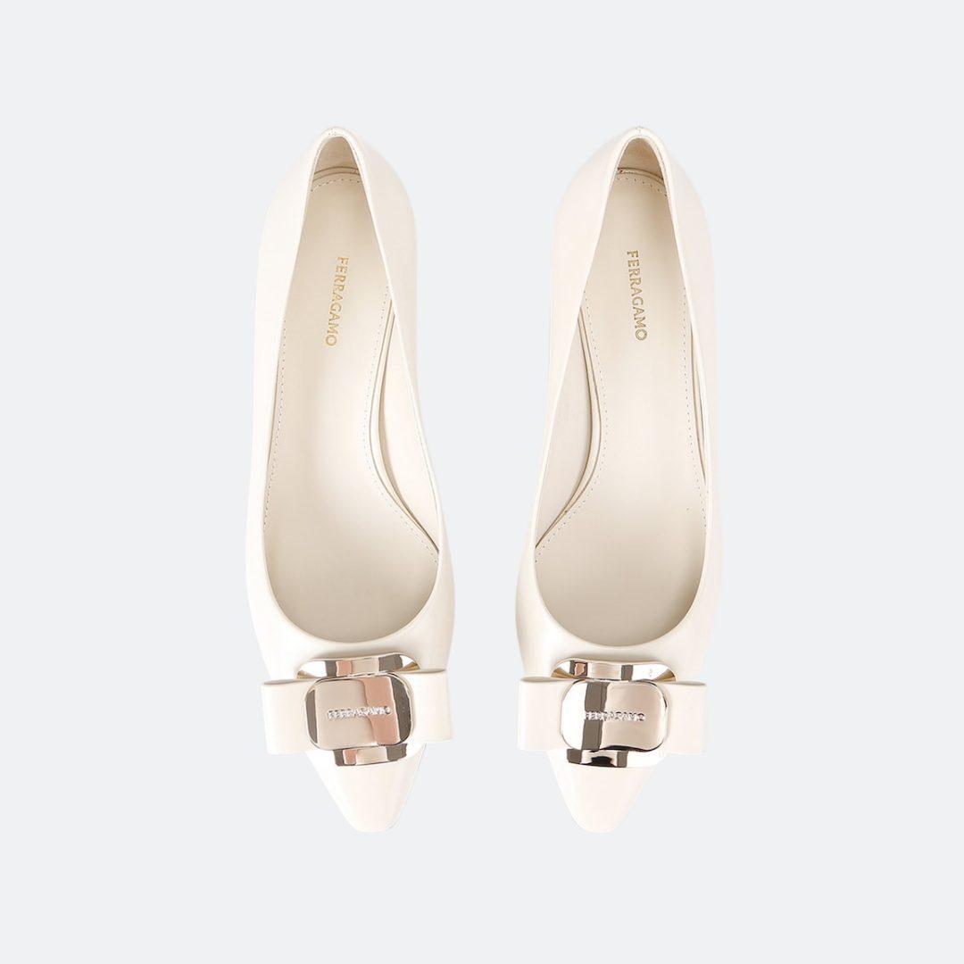 Ferragamo Zelma White Leather Low Heeled Pumps alternate
