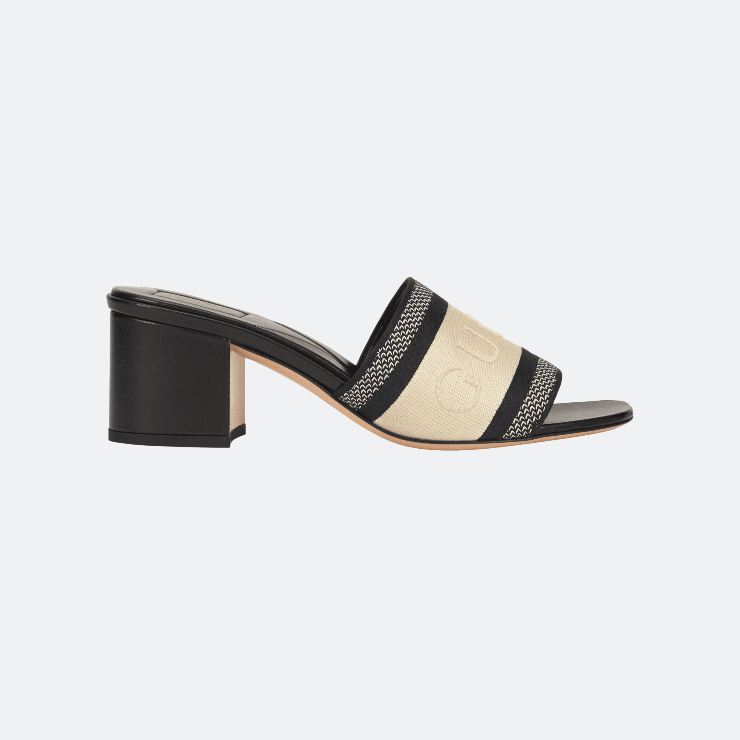 Gucci GG Canvas Mid-Heel Slide Sandals – Beige/Black