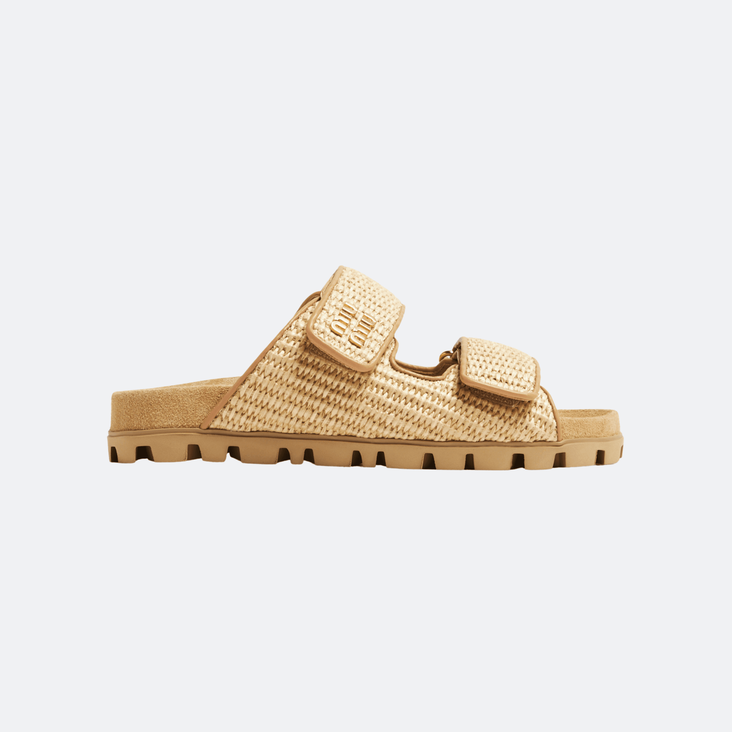 Miu Miu Raffia Logo Velcro Slides - Beige