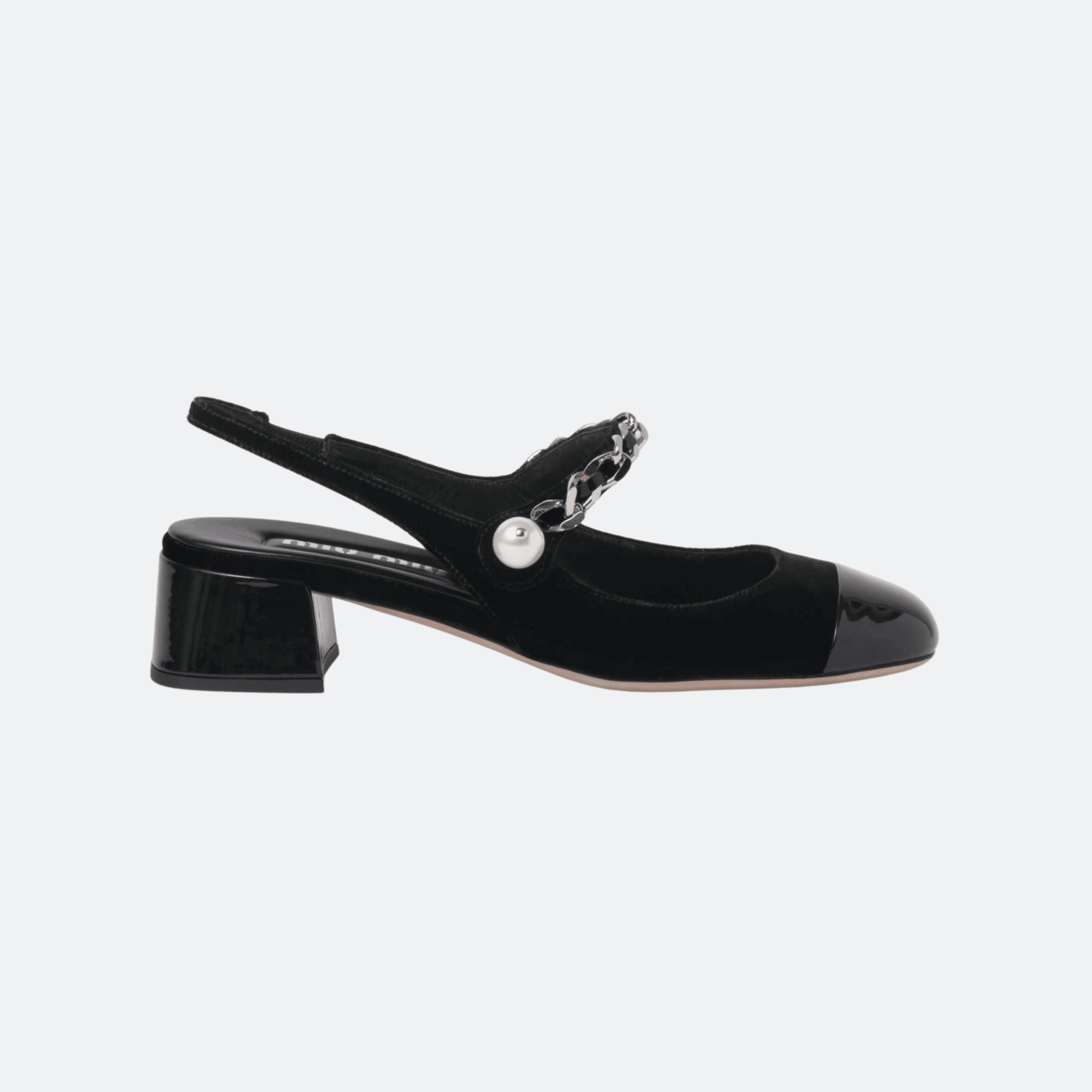 Miu Miu Velvet Slingback Pumps with Chain & Pearl Detail - Black