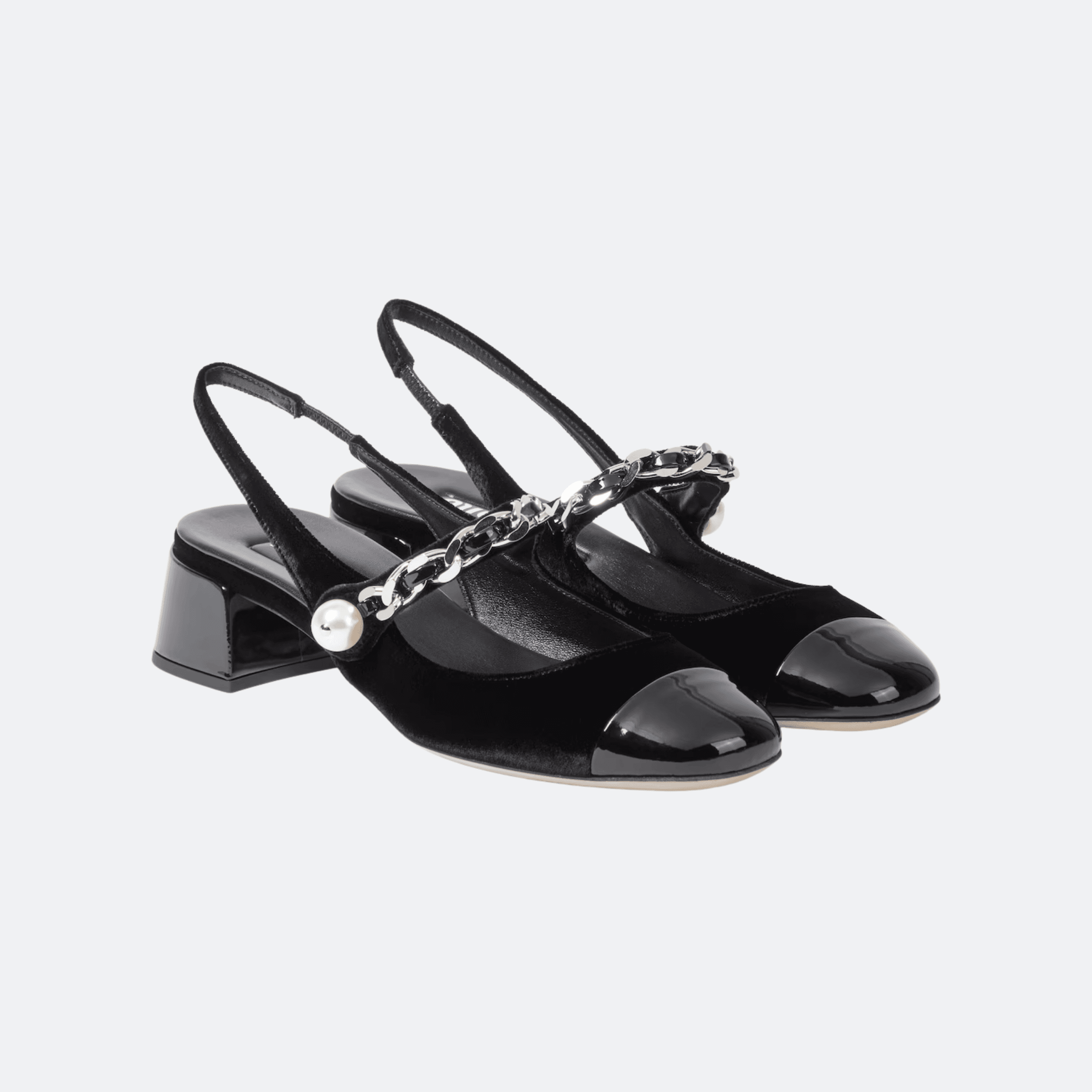 Miu Miu Velvet Slingback Pumps with Chain & Pearl Detail - Black alternate