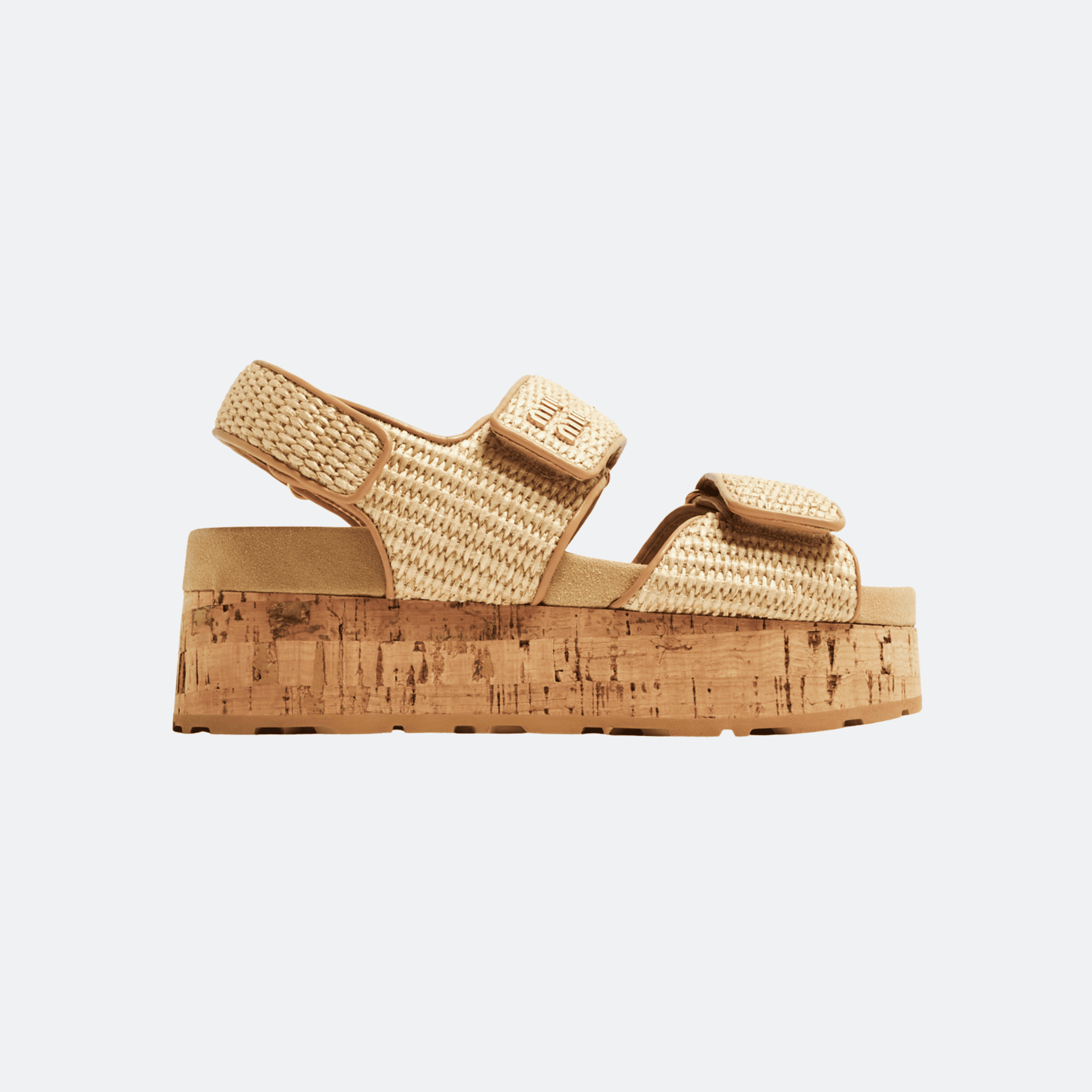 Miu Miu Woven Raffia Cork Platform Sandals - Beige