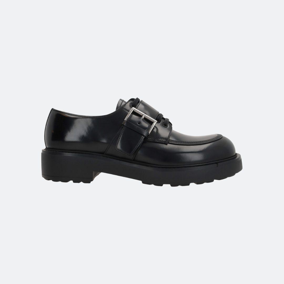 Prada Buckled Black Leather Derby Shoes