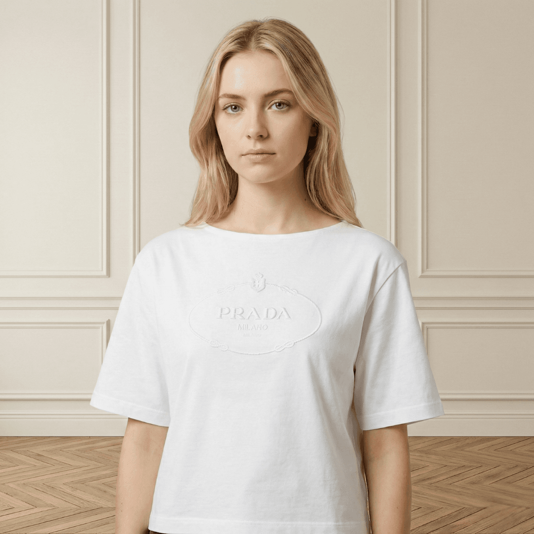 Prada Milano Embossed Logo Cropped Cotton T-Shirt – White