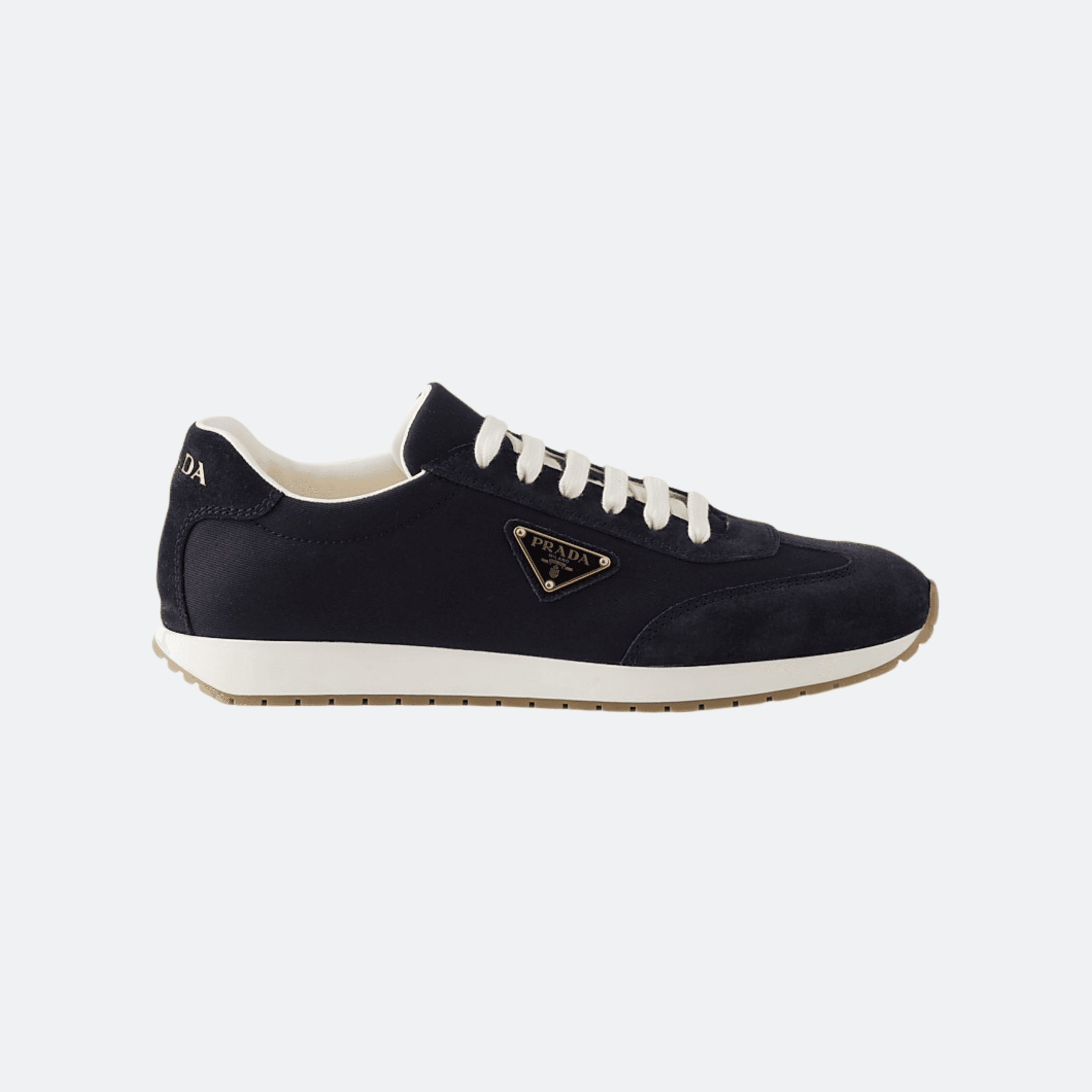 Prada Nylon & Suede Navy Blue Low-Top Sneakers with Enamel Triangle Logo for Men