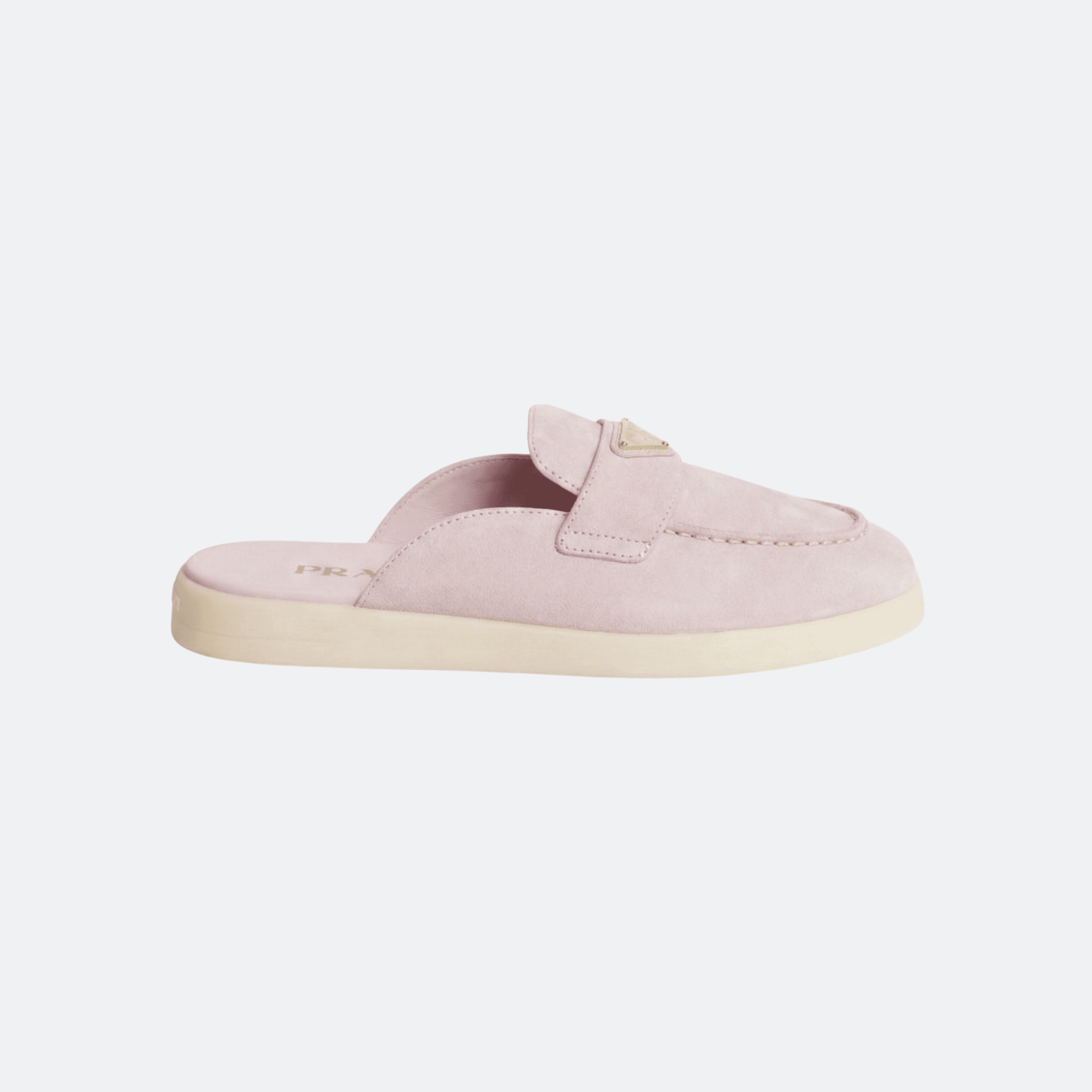 Prada Pink Suede Mule Loafers with Enamel Triangle Logo