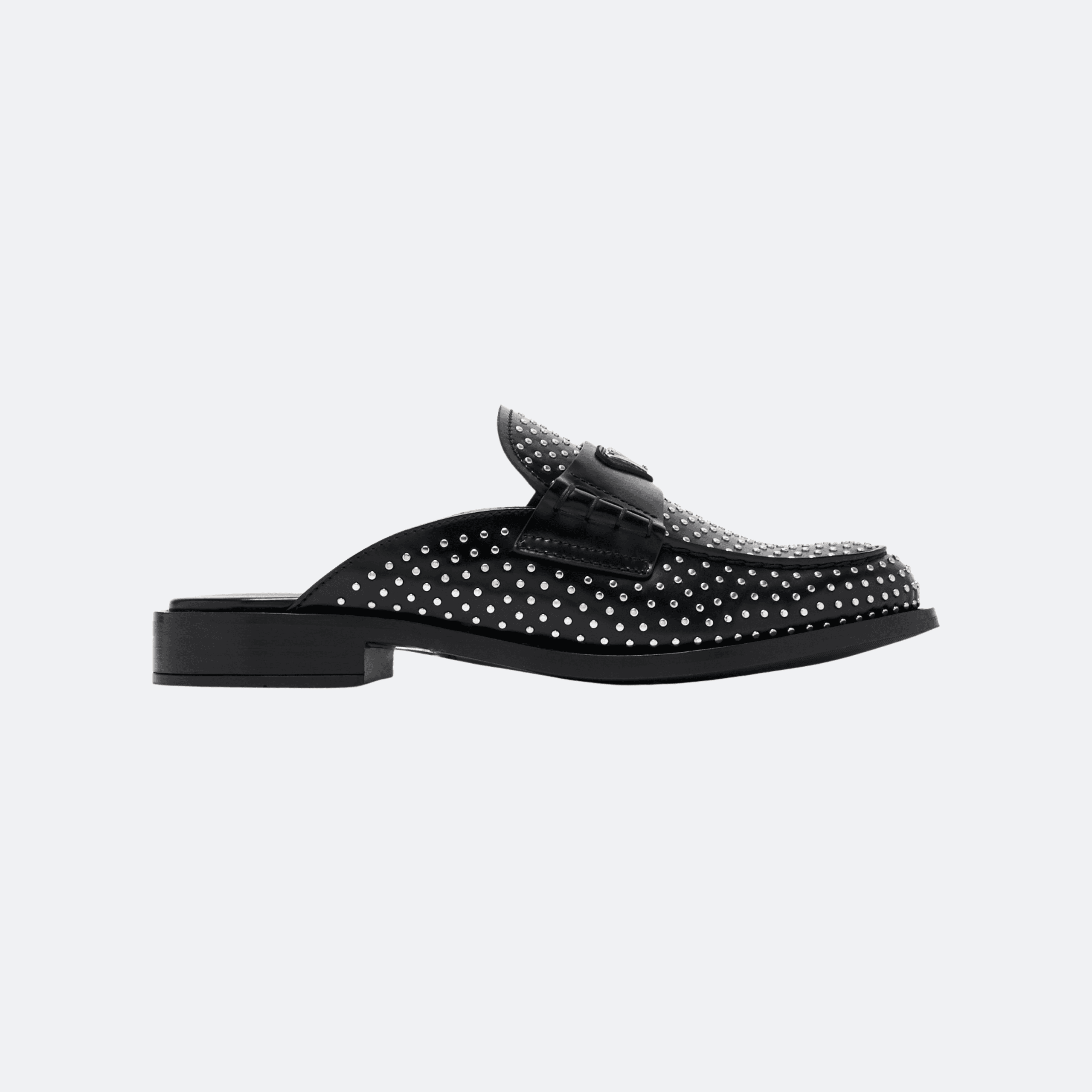 Prada Studded Leather Mules with Triangle Logo – Black
