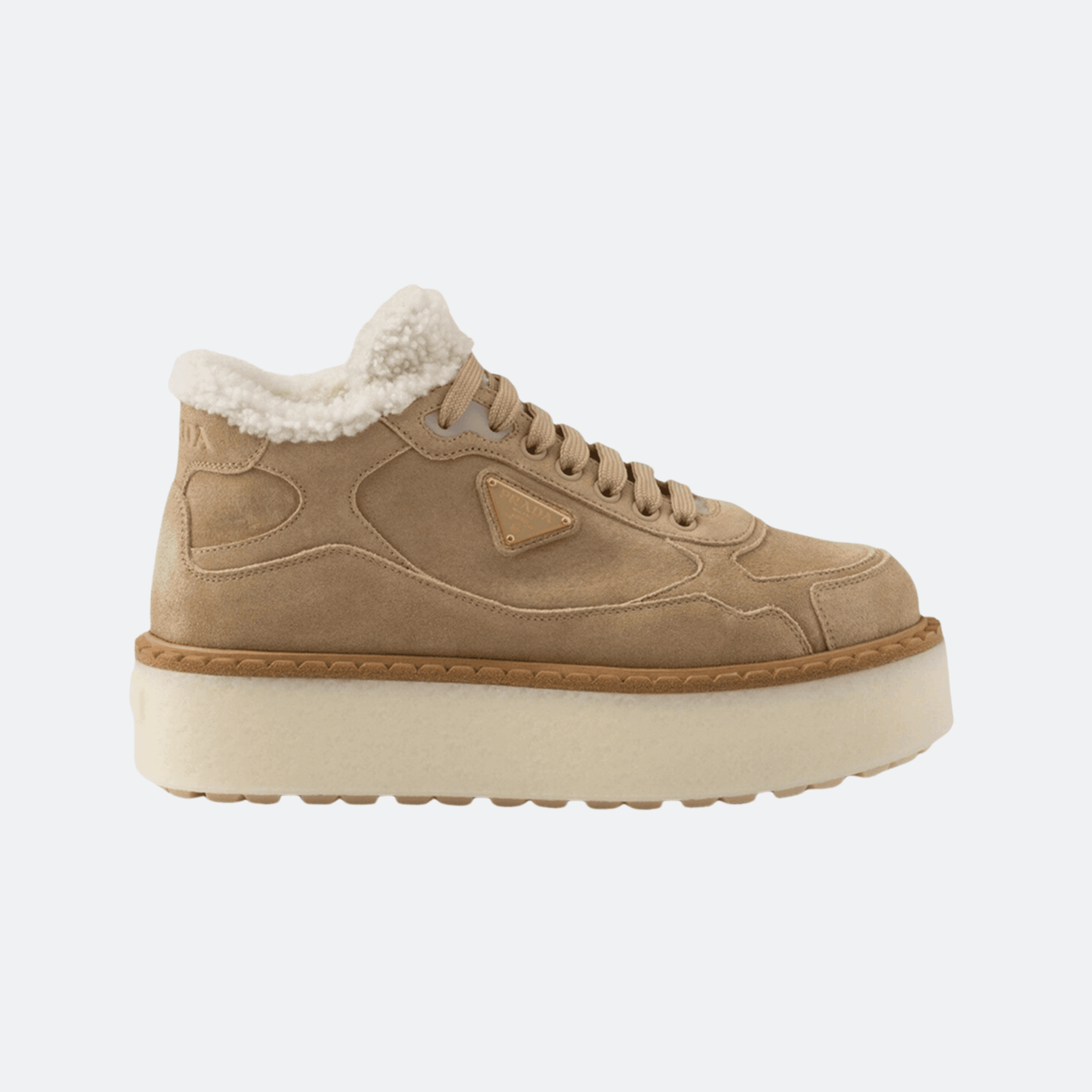 Prada Suede Shearling Platform Sneakers With Triangle Logo