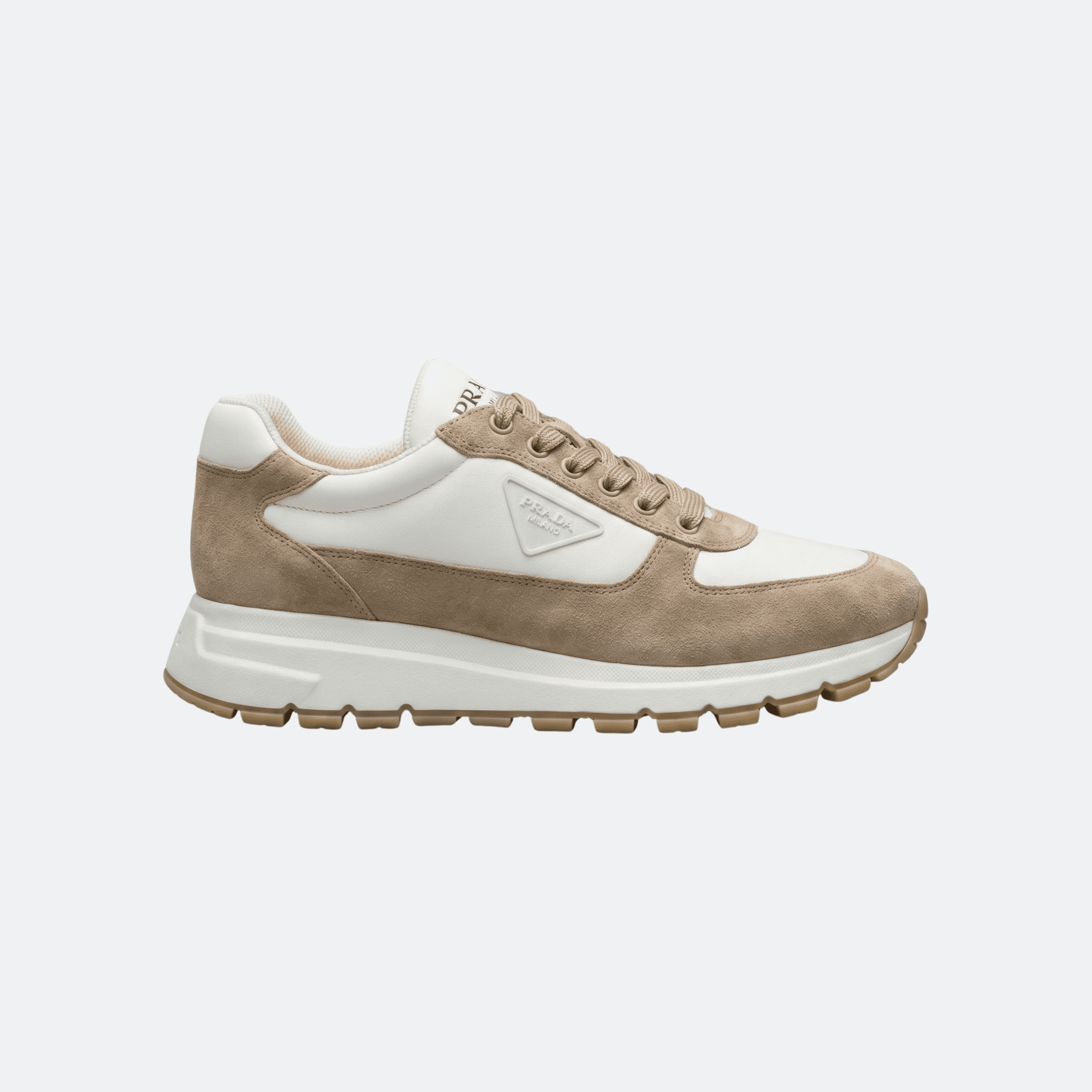 Prada Triangle Logo Leather & Suede Beige Men Sneakers