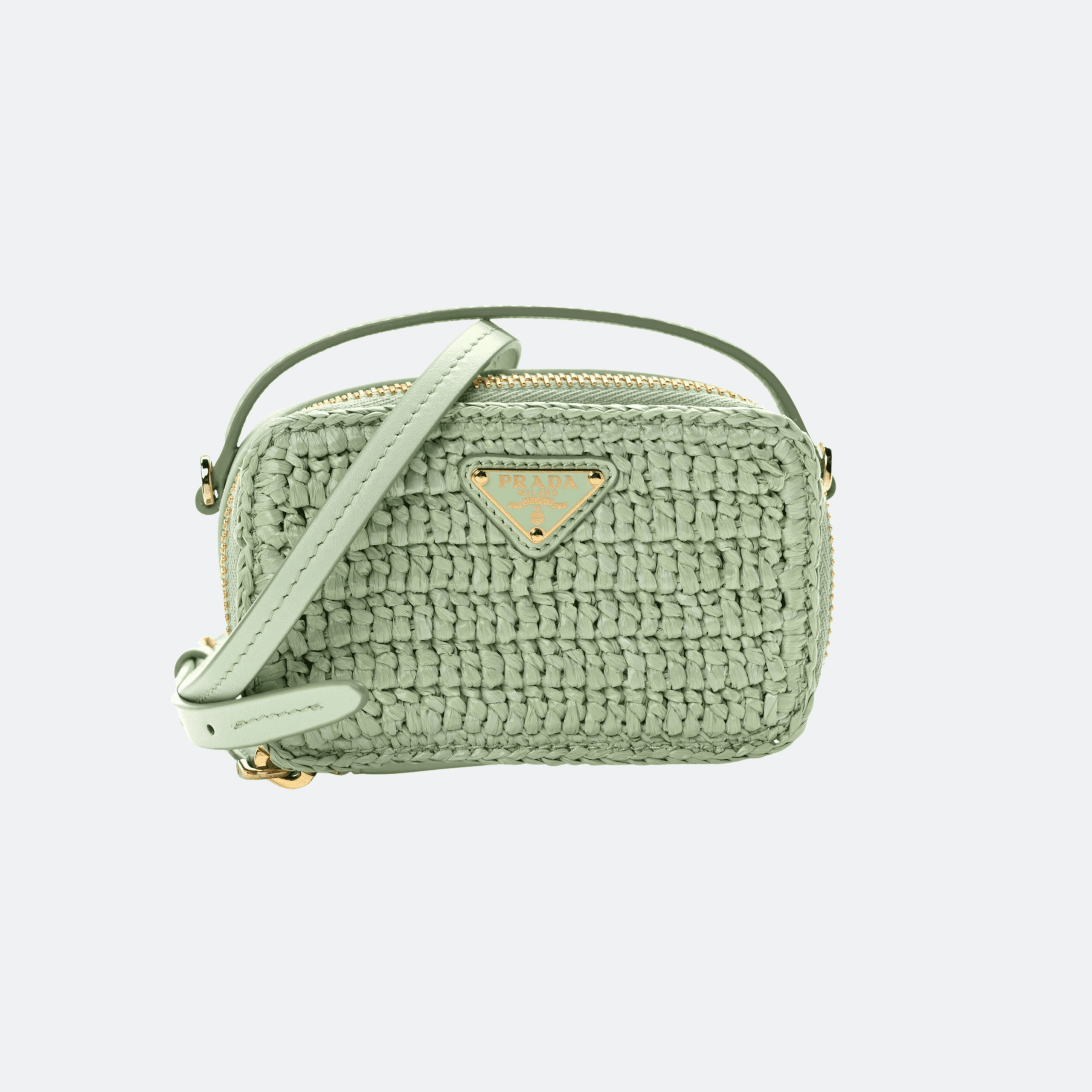 Prada Yarn Raffia Effect Calfskin Crochet Metal Triangle Logo Mini Pouch For Women - Aqua