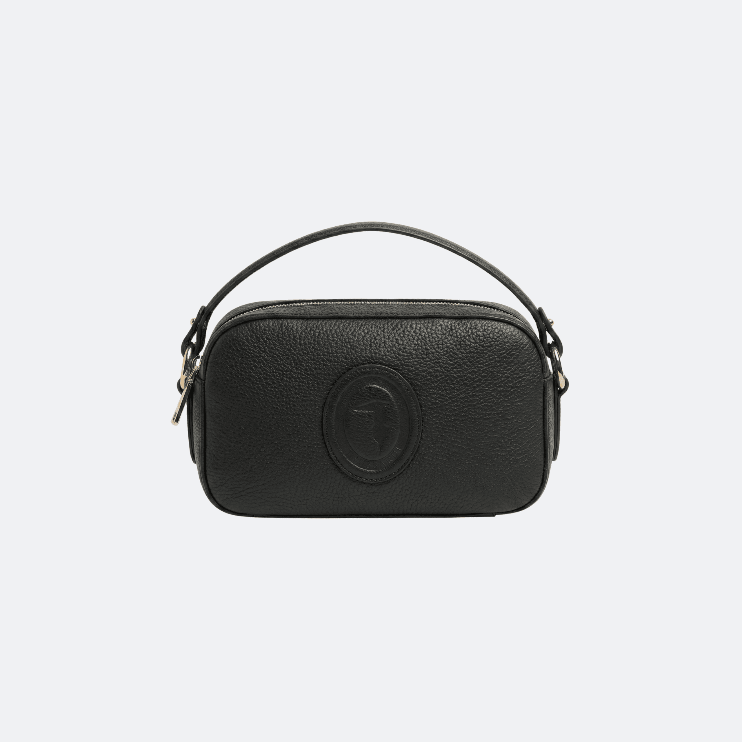 Trussardi Leather Camera Shoulder Bag with Embossed Logo - Black