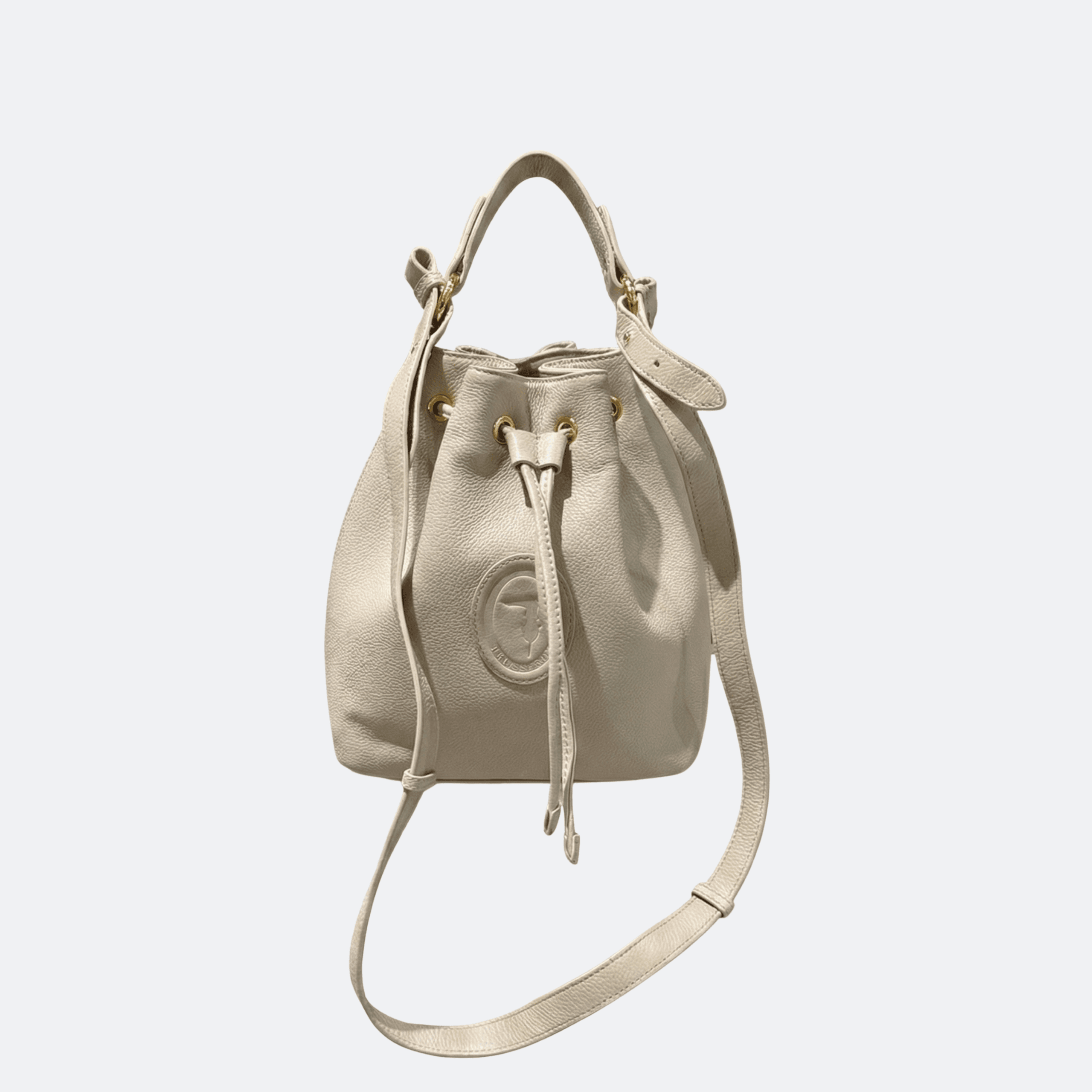 Trussardi Logo Leather Drawstring Bucket Bag - Ivory White