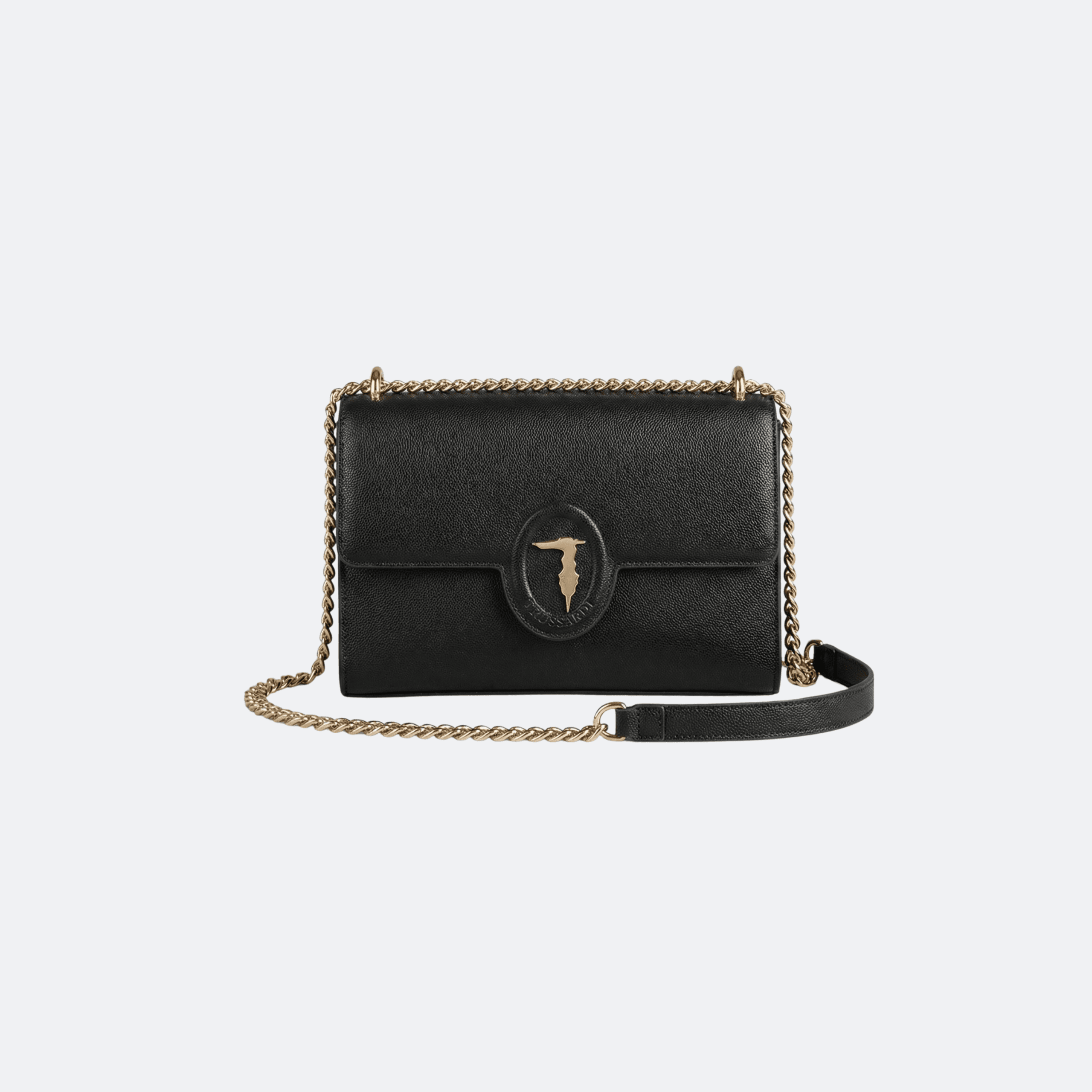 Trussardi Small Oval Logo Leather Shoulder Bag in Black