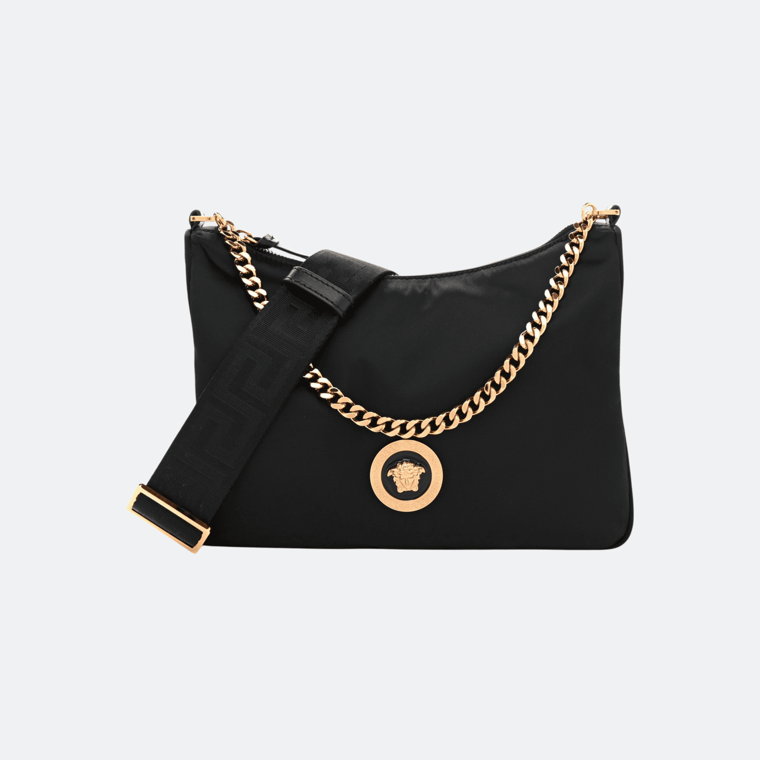 Versace Nylon Tribute Chain Crossbody Shoulder Bag for Women - Black